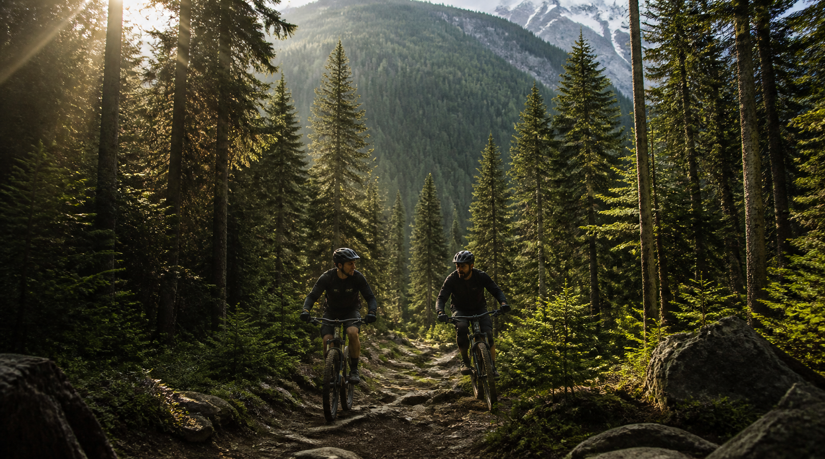 Two mountain bikers riding together through a pine forest