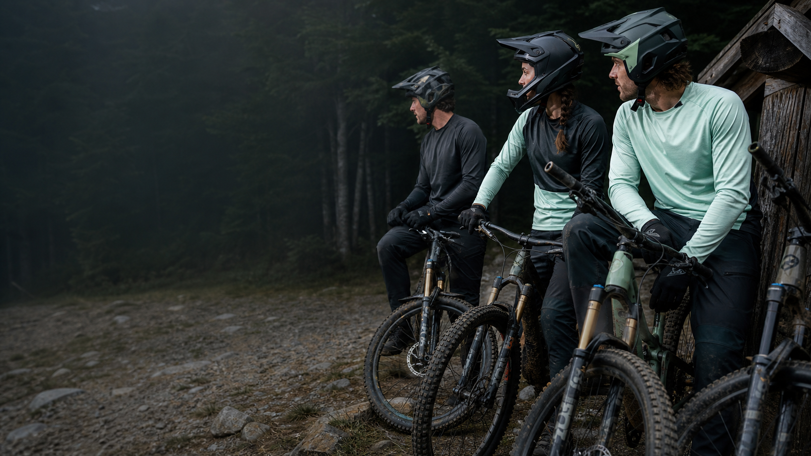 Mountain bikers gathering together at a forest trailhead